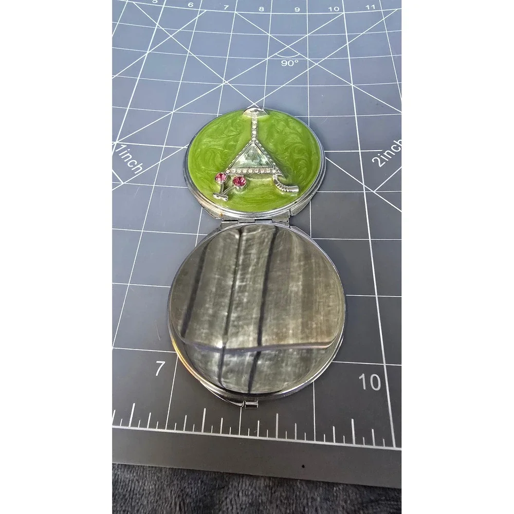 Green Enamel Martini Glass Rhinestone Compact Folding Pocket Mirror
